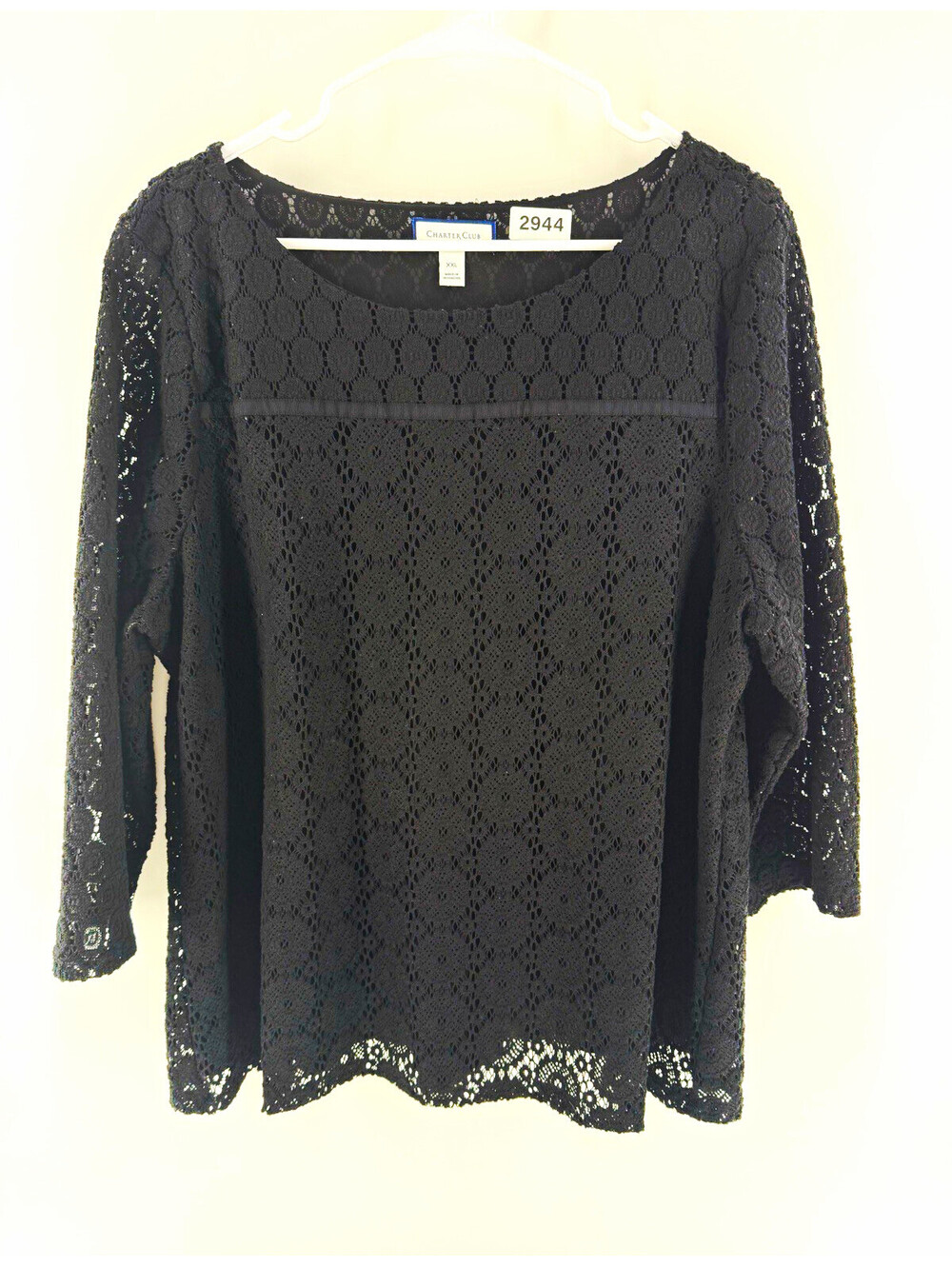 Charter Club Women's Black Lace Lined Pullover Blouse Round Neck 3/4 XXL
